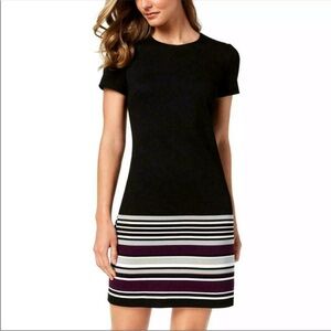 Calvin Klein Dress Crewneck Black Gold Zipper Purple White Stripes Knee Sz 12